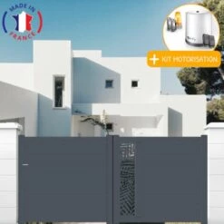 PACKIT Portail Aluminium Coulissant Découpe Laser En Kit + Motorisation Dimension L.3000 (entre Piliers) X H.1500 Mm Couleurs Gris (RAL 7016)