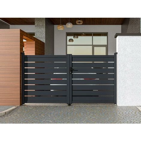 VENTE-UNIQUE.COM Portail Battant Aluminium Ajouré L305 X H158 Cm Anthracite PRIMO - Gris Anthracite 4 VENTE-UNIQUE.COM Portail Battant Aluminium Ajouré L305 X H158 Cm Anthracite PRIMO - Gris Anthracite – Image 2